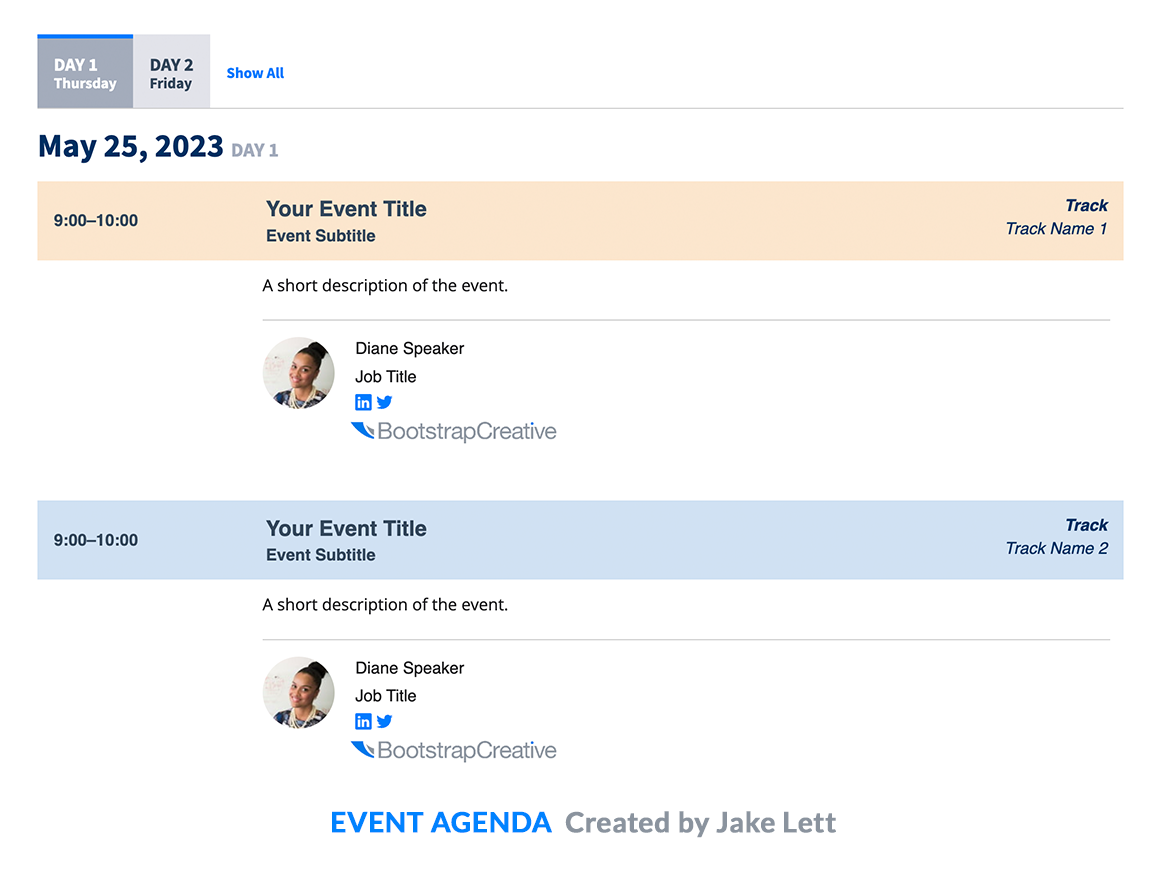Day timeslots can be color coded to clearly identify topics or event tracks.