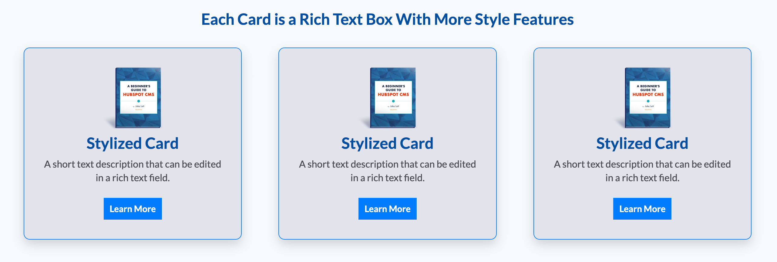 Each card is a rich text box with style options. So you can add images, ctas, tables, in each card.
